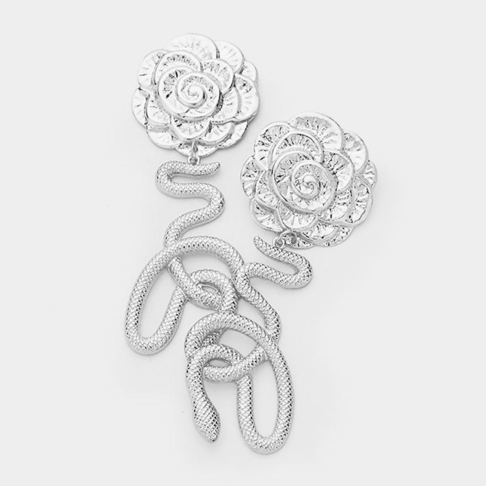 Silver Metal Floral Snake Drop Statement Earrings